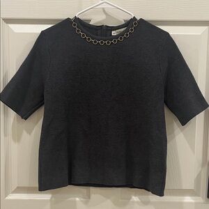 Zara Women Dark Gray Knit Short Sleeve Top with Gold chain Neckline Medium